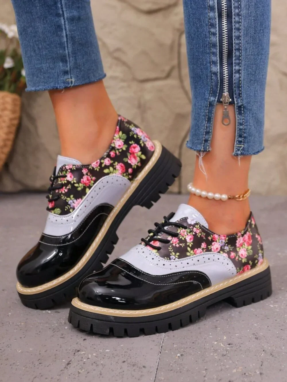 Black Preppy Women's Floral Patchwork Buckle Faux Leather Platform Penny Loafers